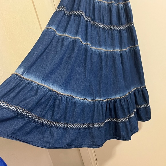 Indigo & Lace Womens Tiered Denim Smocked Dress Small Boho Cottage Prairie Maxi - Picture 6 of 9